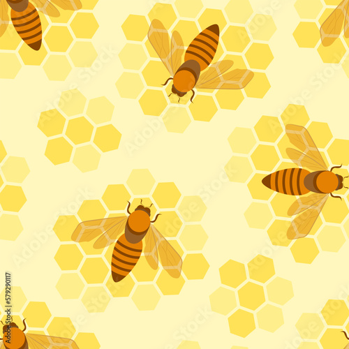Honey bees and yellow honeycombs vector background. Seamless pattern. Cartoon illustration.