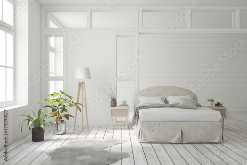 White lbedroom concept. Scandinavian interior design. 3D illustration photo