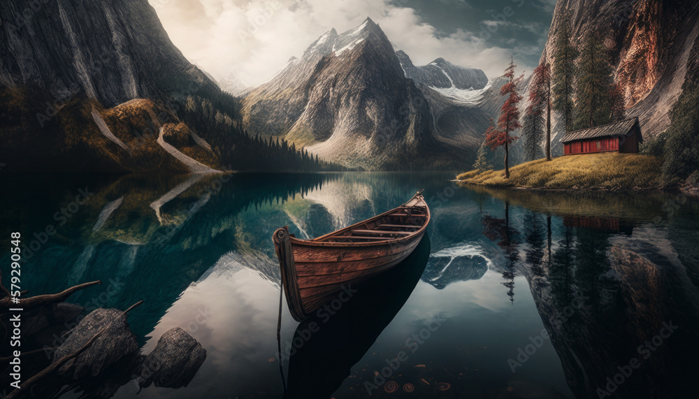 Fototapeta premium landscape photography of a boat on the lake in mountain nature background
