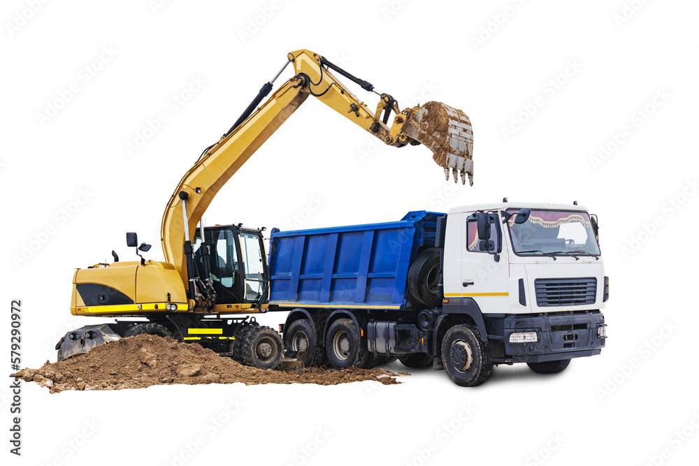 Large dump truck and excavator close-up on a white isolated background.Construction equipment for earthworks. element for design. Rent of modern construction equipment.