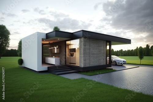 Modern house with flat roof, minimal architecture. Generative AI illustration.