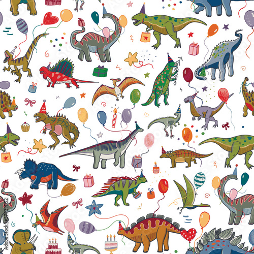 Dinosaur birthday vector line seamless pattern.