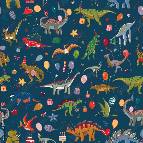 Dinosaur birthday vector line seamless pattern.