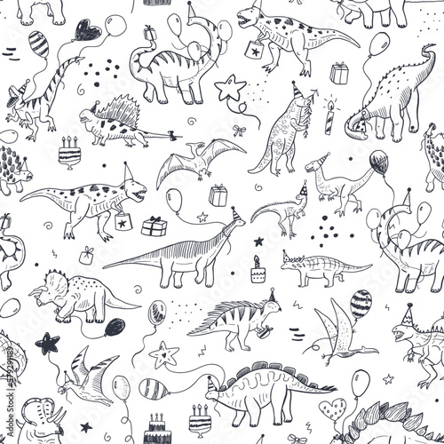 Dinosaur birthday vector line seamless pattern.