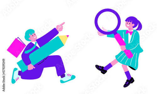 虫眼鏡を持つ女子学生と鉛筆を持つ男子学生
