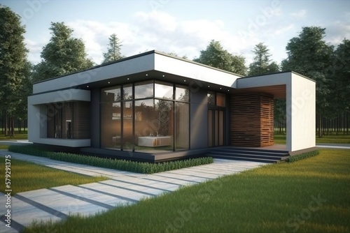 Modern house with flat roof, minimal architecture. Generative AI illustration.