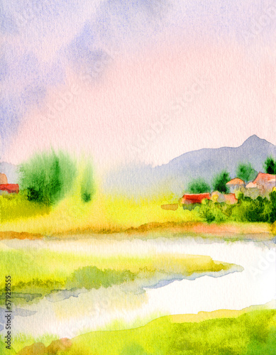 Watercolor painting. Landscape with a river