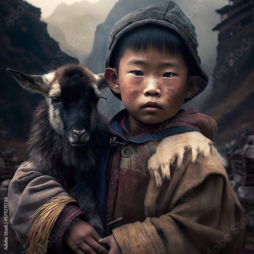 Poor Asian shepherd boy, in traditional dress with a lamb in his arms. Generative AI.