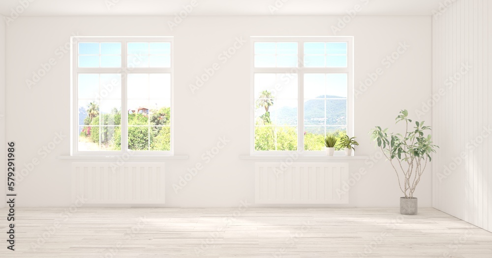 White empty room with summer landscape in window. Scandinavian interior design. 3D illustration White empty room with summer landscape in window. Scandinavian interior design. 3D illustration