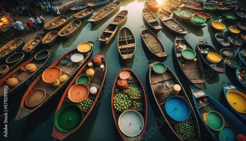Tela Colorful Thai Sampan Market Seen from Above: Stunning Drone Photography