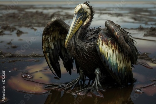 Pelican covered in oil. Oil spill. Oil pollution in the ocean. Generative AI.