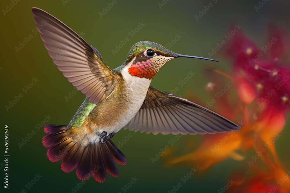 With a golden flower and a vibrant background, a male Ruby throated Hummingbird (Archilochus colubris) flies. Generative AI