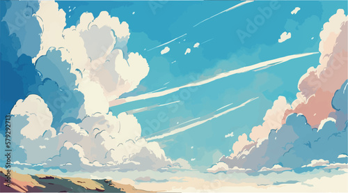 Beautiful blue sky with clouds. Clouded sky. Calm relaxing wallpaper. Cartoon drawing of flat beautiful environment. Sunny day. Blue peaceful wallpaper. Graphic design of cloudscape. Weather art.