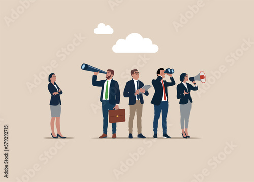 Business people searching for new opportunities or employees. HR, recruitment. Office people holding spyglass, megaphone and binoculars. Modern vector illustration in flat style