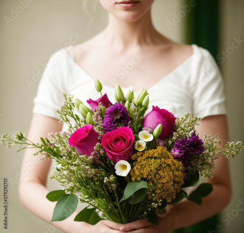 Beautiful lady in a white dress with a luxurious bouquet of flowers. Generative AI spring Illustration with a girl indoor.