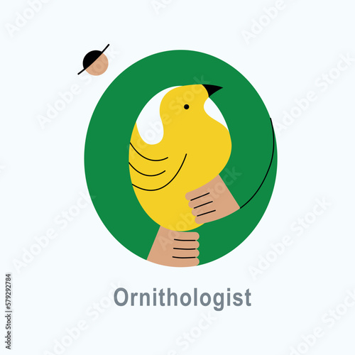Vector illustration with Ornithologist in flat style. Profession ABC series. Alphabet. Letter O