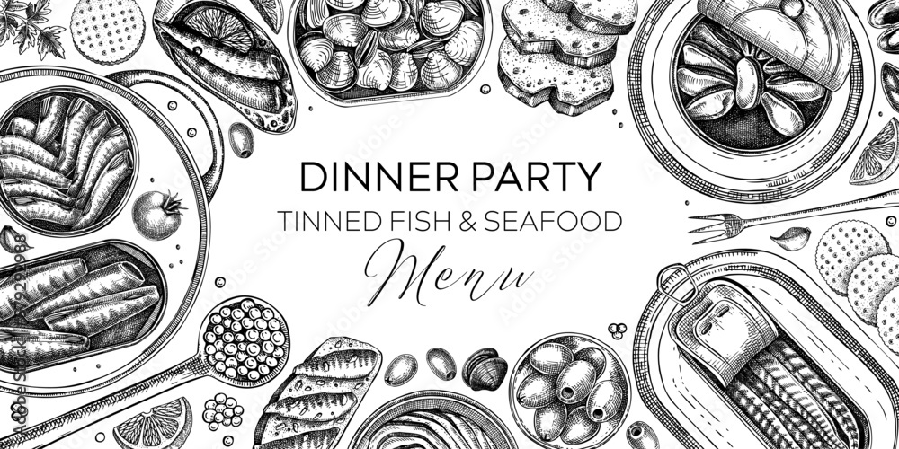 Vecteur Stock Canned fish frame design. Seafood background with hand ...