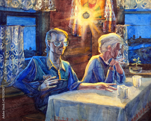 Watercolor painting. Family couple at the table