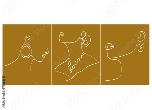 Cute minimalistic drawings of a woman with jewelry - a necklace around her neck, earrings in her ears, a ring on her hand. Graphic drawing in a linear style. Beauty and fashion.