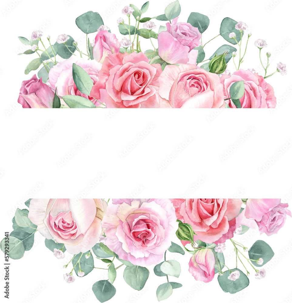 Watercolor separate individual floral illustration with frame, border. Delicate bouquet with green leaves, pink peach blush flowers, twigs, eucalyptus, rose, peony. For wedding invitations, wallpapers