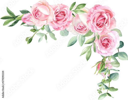 Watercolor separate individual flower . Delicate bouquet with green leaves, pink peach blush flowers, twigs, eucalyptus, rose, peony. For wedding invitations, wallpapers, fashion prints.