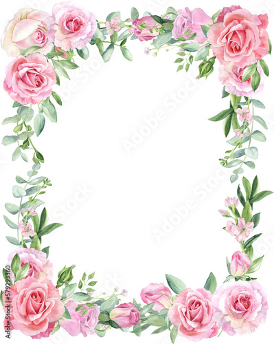 Watercolor separate individual floral  with frame, border. Delicate bouquet with green leaves, pink peach blush flowers, twigs, eucalyptus, rose, peony. For wedding invitations, wallpapers