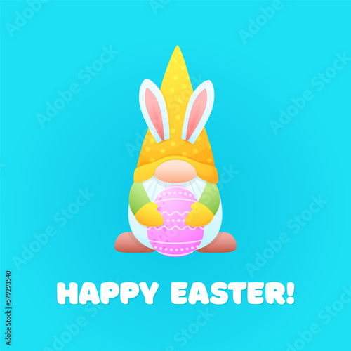 Happy Easter greeting card template. Spring cartoon illustrations of a funny gnome on a blue background. Vector 10 EPS.