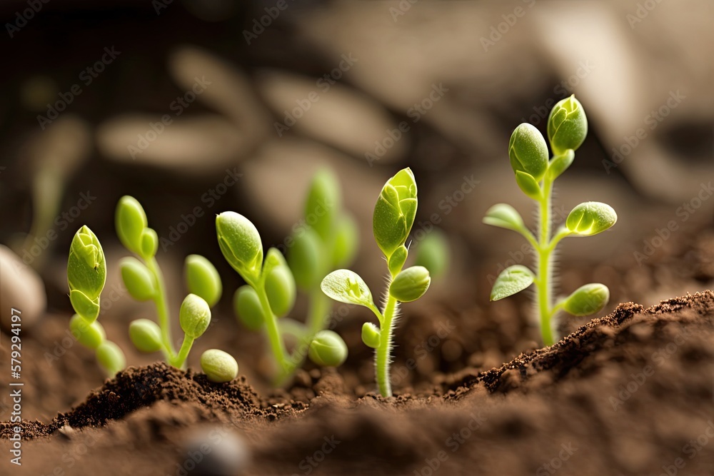 Green peas in their early stages of growth. A duplicate of the area, a young plant of green peas