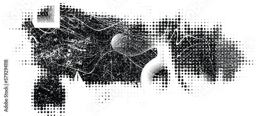 Glitch distorted grungy banner . Noise destroyed background . Trendy defect overlay texture . Glitched collage .Grunge textured . Distressed effect .Vector shape.  halftone dots . Screen print texture