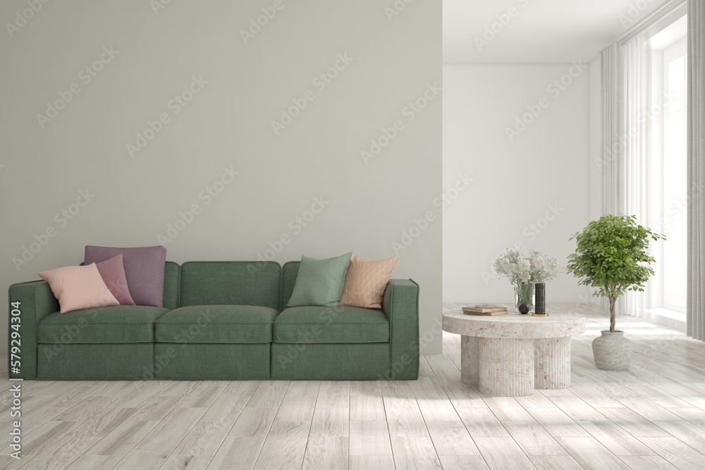 Fototapeta premium White living room with sofa. Scandinavian interior design. 3D illustration