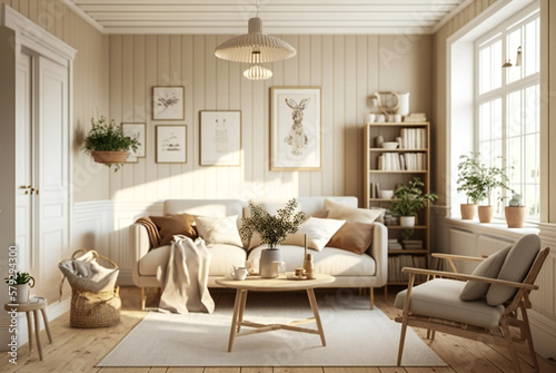Beige Scandinavian style interior with natural wood furniture. Created with Generative AI technology.