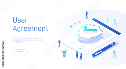User agreement landing page template. Personal data security. Online file server protection. Signing digital signature at online business contract. Isometric modern vector illustration.