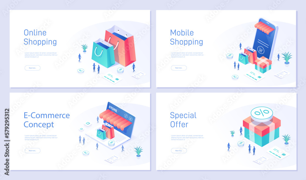 Obraz premium Set online shopping landing page template. Illustration concept with shopping, store in phone or laptop, discounts and gifts. Can be used for web banners. Isometric modern vector illustration.