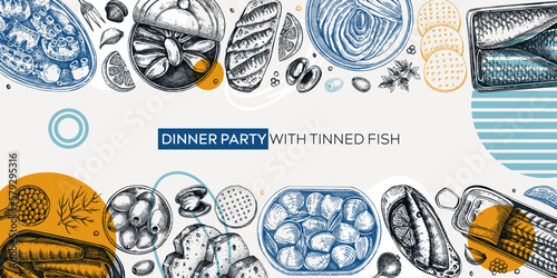 Collage-style canned fish banner design. Seafood background with hand drawn sardines, anchovy, mackerel, tuna, mussels in tin cans, fish canapes, olives, crackers and lemons sketches.