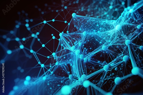 The geometry of the plexus or the connection of lines and dots on a dark blue background.Generative AI