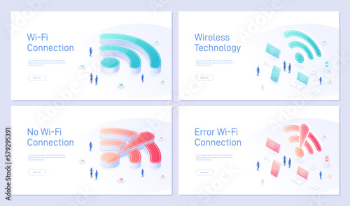 Set wi fi wireless technology landing page template. Successful and unsuccessful connecting a laptop to Wi-Fi, Connection error. Can be used for web banners. Isometric modern vector illustration.