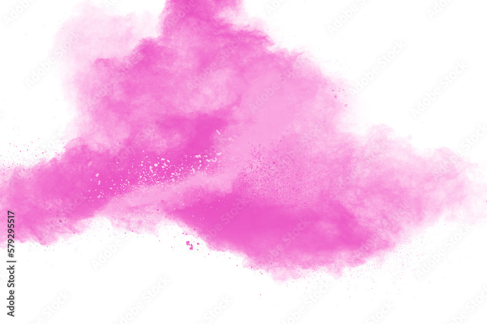 Pink dust particle splash on white background.Pink powder splash.