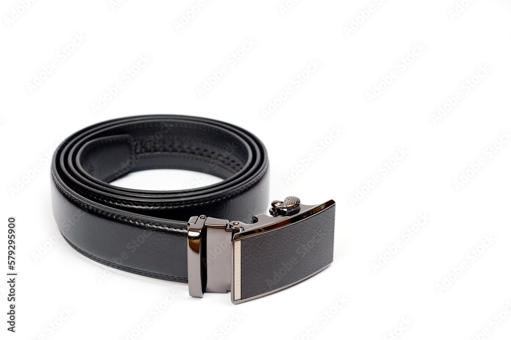 Men's black leather trouser belt with metal clasp. Men's black leather trouser belt with metal clasp.