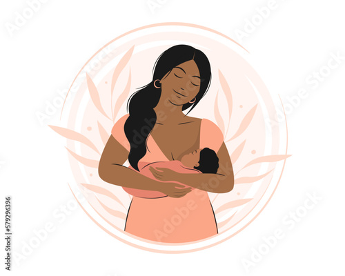 Woman feeding baby. Breastfeeding and motherhood concept. Vector illustration.