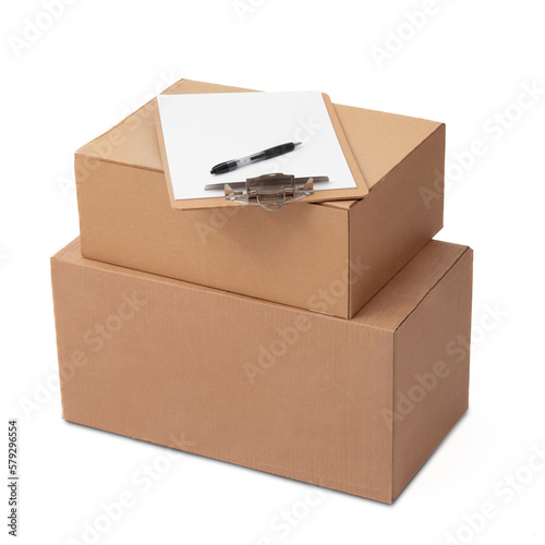 Cardboard boxes or parcels with clipboard on top isolated on white background, delivery adverb 