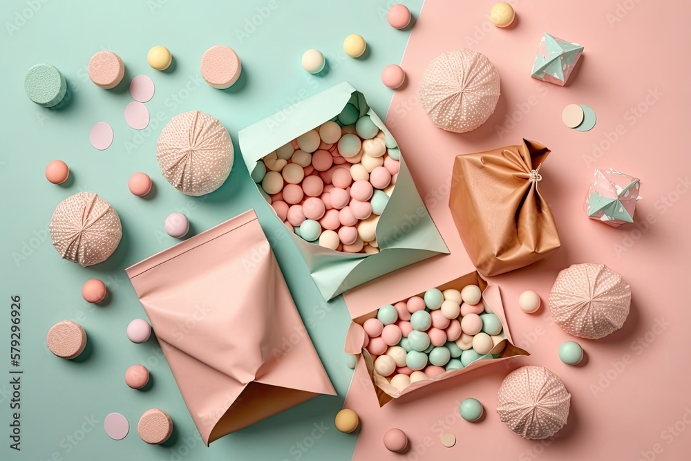Candy and paper bags, seen from above, on a pastel pink background. Generative AI Candy and paper bags, seen from above, on a pastel pink background. Generative AI