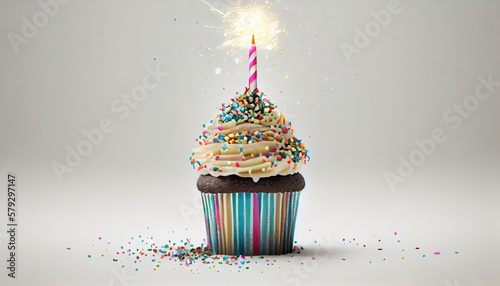 Cupcake with birthday candle sparklers ,confetti,white background. generative Ai