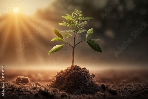 Planting trees to mitigate climate change, where seedlings thrive in soil and sunlight. Generative AI
