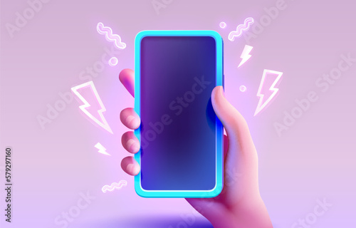 Smart phone screen neon, hand hold gadget electronic. Vector