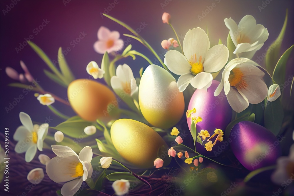 Fototapeta premium Easter background with copy space. Eggs, flowers, pastel colors illustration top view generative AI, generative, ai