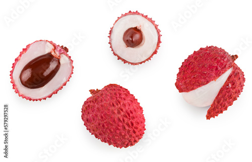 Fresh lychee with slices isolated on white background. clipping path. top view