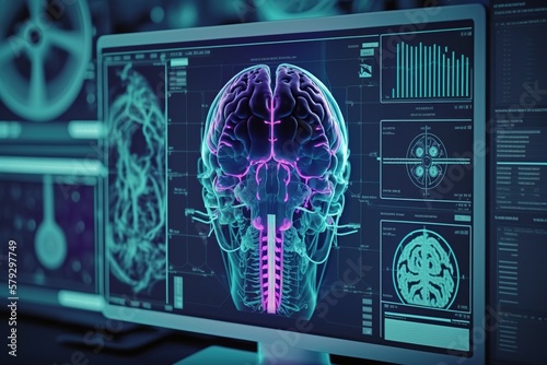 Human brain digital scan, Electrical activity. Generative AI illustration.