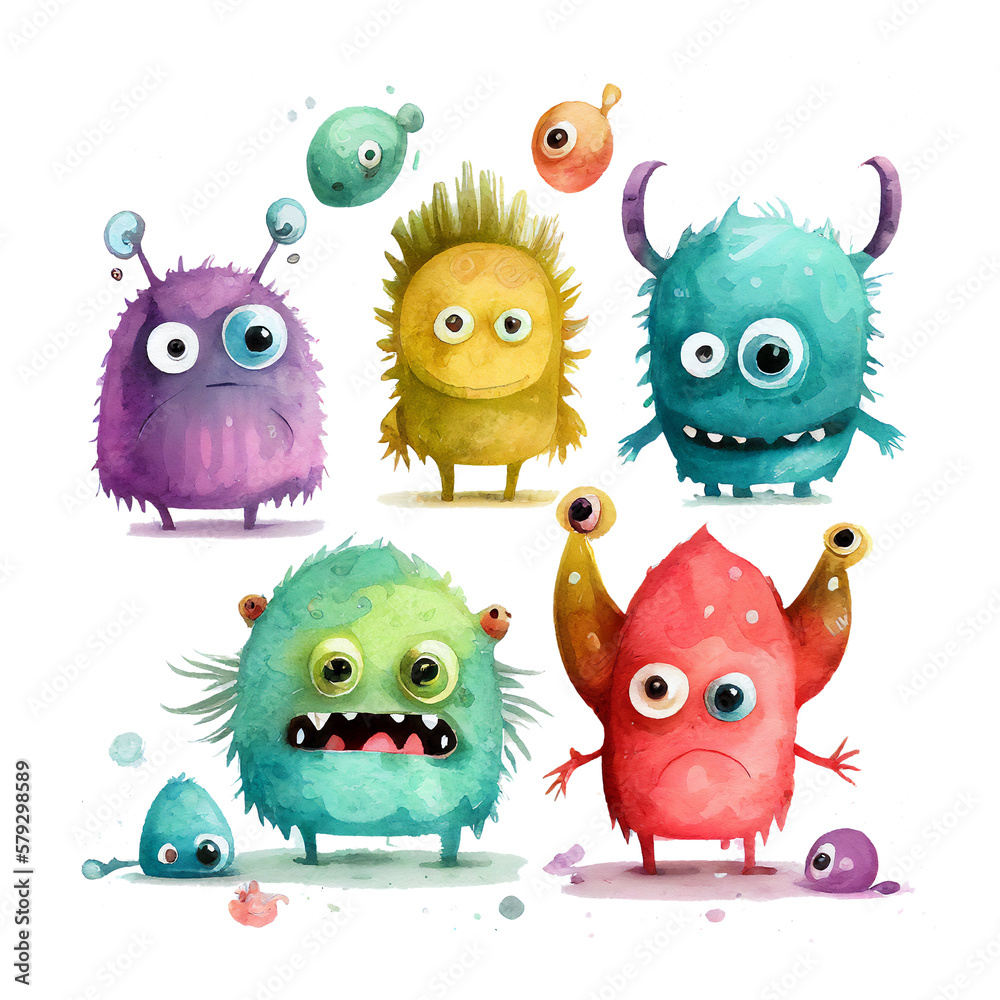 Cartoon funny cute monsters in kids watercolour style, generative ai, transparent background - obrazy, fototapety, plakaty 