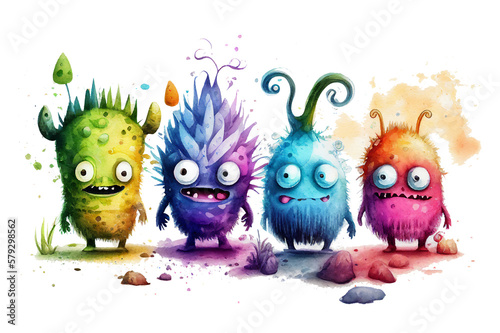 Cartoon funny cute monsters in kids watercolour style, generative ai, transparent background