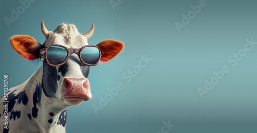 Cow wearing sunglasses in front of a blue background, surreal animal portrait, generative AI
